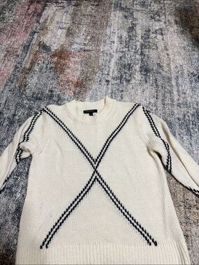 Banana Republic Cream Crewneck Sweater with Black Cross-Stripe